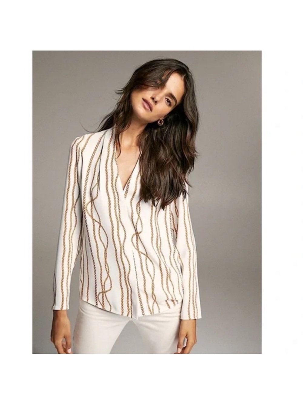 Aritzia Chain-Print V-Neck Blouse - White/Gold